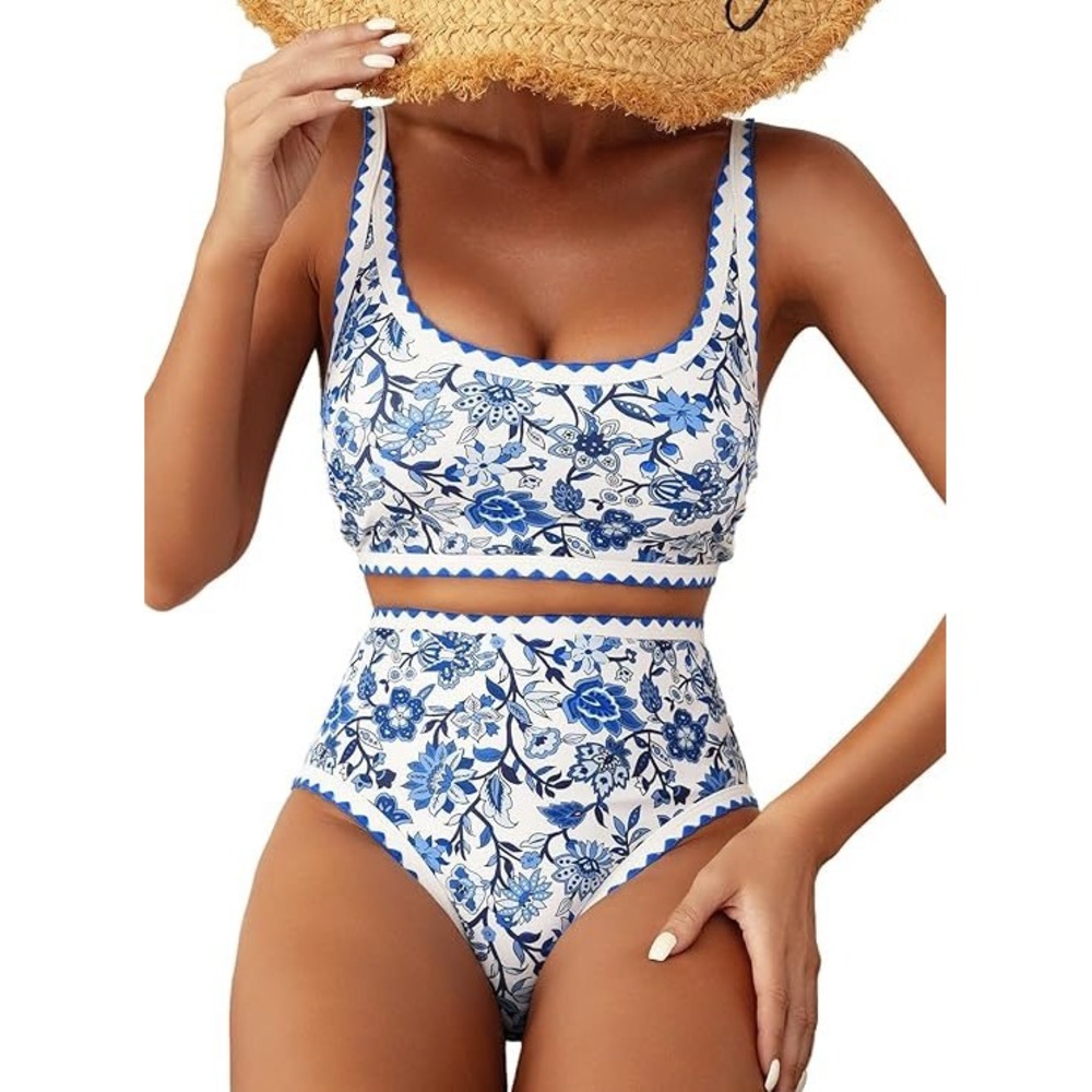 Herseas Blue White Floral Ric-Rac Trim High Waisted Bikini Set Swimsuit Large